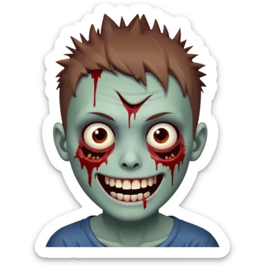 zombie boy with brown short spiky hair, white skin, and white eyes; an open smile, and bloodied teeth; sticker