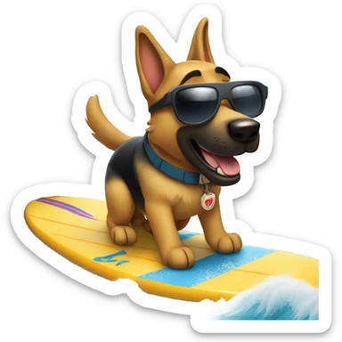 German shepherd with sunglasses surfing a big wave sticker