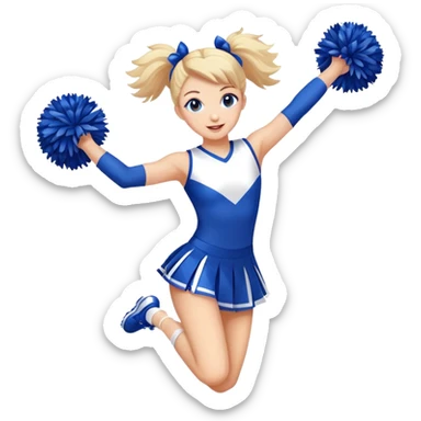 Cheerleader jumping with pom poms and a blue and white uniform  sticker