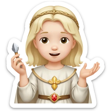 toddle girl with white medieval tunic and a tooth in her hand sticker