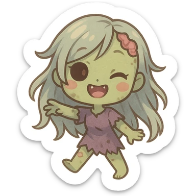a zombie girl with long wispy hair, playful chibi style, cute and small proportions sticker