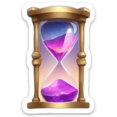 Design a crystal hourglass with sparkling sand, against a cosmic background." sticker