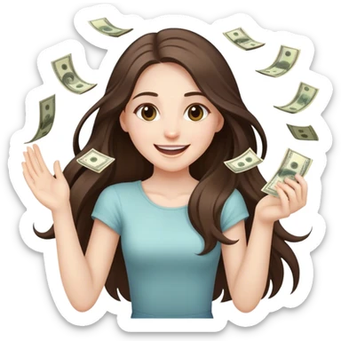 happy beautiful pale brunette girl with long hair throwing money sticker