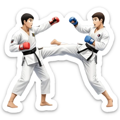 Two taekwondo fighters in traditional white doboks with black belts. One delivers a powerful kick, while the other defends by blocking with his knee. The background shows a professional arena with bright lights and an excited crowd. Transparent background highlights the intense action sticker