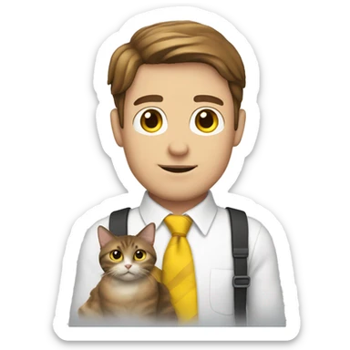 WHITE MAN WITH BROWN HAIR HOLDING A CAT WEARING A YELLOW TIE sticker