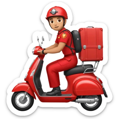 A man in red uniform on a red scooter with space in the back for cargo sticker