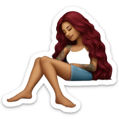 Beautiful tattooed burgundy long haired woman napping on sofa sticker