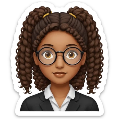chica morena de ojos claros con gafas negras exagonales redondeadas. y pelo rizado castaño con todo el pelo recogido en una coleta .. Con todo el pelo recogido un clen look solamente una coleta tiene 16 años. hazlo como la segunda imagen pero sin el moño sticker