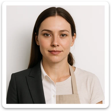hyper realistic, symmetrical split-image of a woman, left side with business makeup and attire, right side natural, kitchen apron, white background, clear contrast sticker