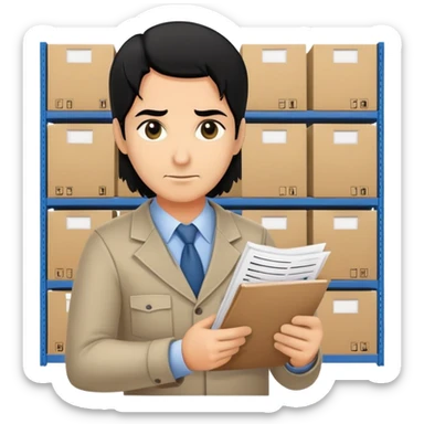 A middle-aged warehouse manager with black eyes and black hair, holding an inventory list. sticker