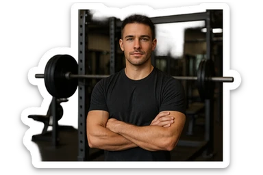 uomo sicuro di sè a braccia conserte, ben allenato e sereno, sullo sfondo una palestra sticker