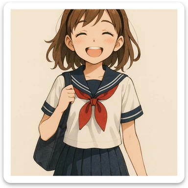 cute teenage girl wearing a school uniform, cheerful expression, simple background sticker