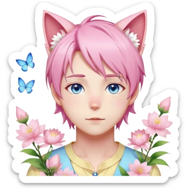 Pastel effeminate young femboy man with pastel pink shiny hair, pink cat ears, pastel yellow blouse, blue eyes, cute, gorgeous, anime, catboy, romantic, beautiful, flowers, aesthetic, sakura flower petals sticker