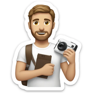 white man with brown hair holding a polaroid camera sticker