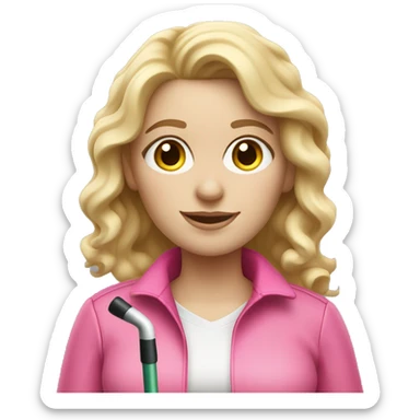 Blonde hair woman , wavy hair, white skin , pink outfit , holding a white cane for the blind sticker