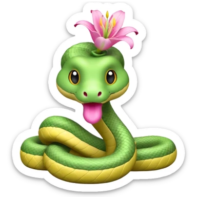 A cute, kind, furry snake doll
with a light green and white body
with a pink lily flower on its head
(no stinger in its mouth) sticker