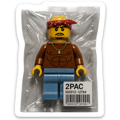 Lego minifigure of 2Pac, with signature bandana and West Coast style, glossy sticker