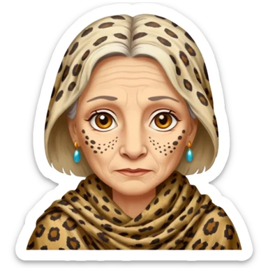 ancient white woman, tattered leopard skin shawl sticker