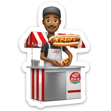 hot dog vendor holding a hot dog in his hand with a hot dog stand in the background with a white background for slack sticker