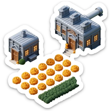 Exterior view of a modern robotic farm with metallic buildings, automated harvest bots in the fields, glowing pipes and mechanical arms, cookie plants growing in neat rows sticker