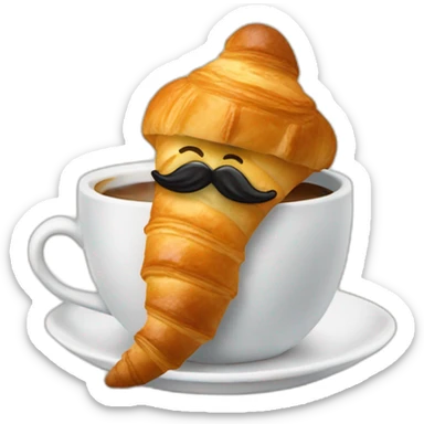 A croissant with a face with a mustache drinking a cup of coffee sticker