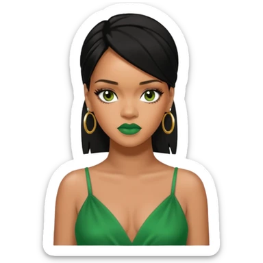 Rihanna black hair, hazel eyes, green dress sticker