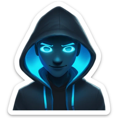 developer behind his laptop with this style : Riot Games Valorant neon blue eyes glowing bright blue character blue black hooded assassin themed character sticker