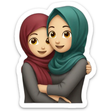 two girls hugging one in hijab second with dark red hair sticker