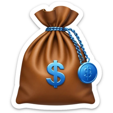 brown money bag with a blue coin  sticker