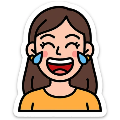 vector emoji of a woman laughing hard, eyes squeezed shut with tears, big open mouth with visible teeth and tongue, flushed cheeks, long lashes, makeup accents, bright colors, clean lines, playful and lively style sticker