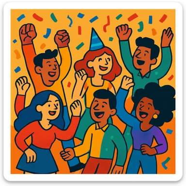 a group of people dancing and celebrating at a party, confetti in the air, vibrant cartoon style sticker