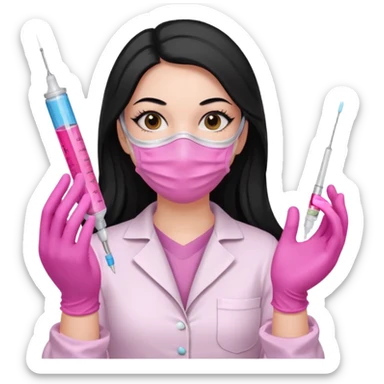 laboratorista con guantes rosa y mascarilla rosa jeringa tubos sin lentes pelo lacio negro y largo sticker