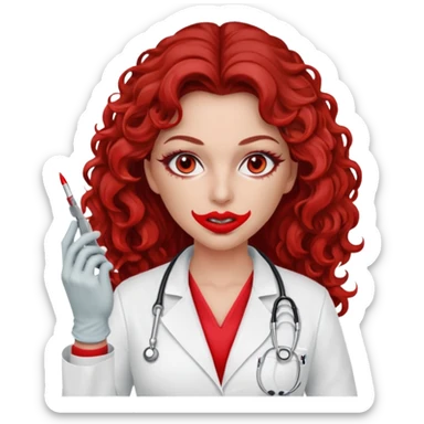 Scary woman scalpel in hand, evil surgeon sexy .  She has red eyes. Her  brown long curly hair. Wears sexy doctor outfit with red gloves. make her hair free and brown but she  wear mouth cover   to hide. Wears white surgeon jacket andpejab only hides lips and nose  eyes sticker