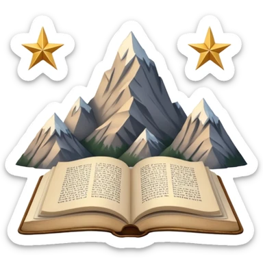 three mountain peaks of gray color, above each of the peaks there is a golden star, in front of the mountain peaks there is an open book sticker