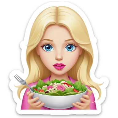 Cinematic realistic blonde with long hair, blue eyes and pink lips eats salad sticker
