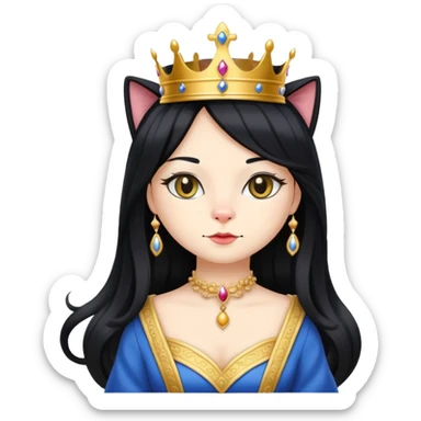 cat in royal queen attire, long flowing black wig sticker