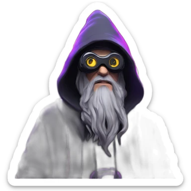 Gandalf wearing a black hoodie with "OMG" letters on it and VR headset in a cyberpunk VR environment with violet neon lighting. sticker