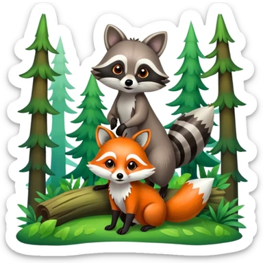 raccoon and a fox in a colorful forest with vibrant green trees, bushes and flowers. The animals are in the foreground, surrounded by a lush, bright forest, with soft sunlight filtering through the leaves. A playful and wild scene with a transparent background. sticker