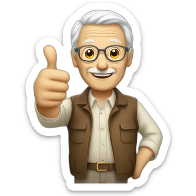 An elderly man gives a thumbs up sticker