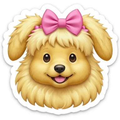 Yellow fluffy dog with pink bow on ears sticker