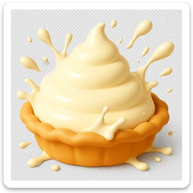 Frame 12 of 15: Cream pie with cream splatter starting to form around the pie, playful 3D emoji style, golden brown crust, same angle as reference sticker