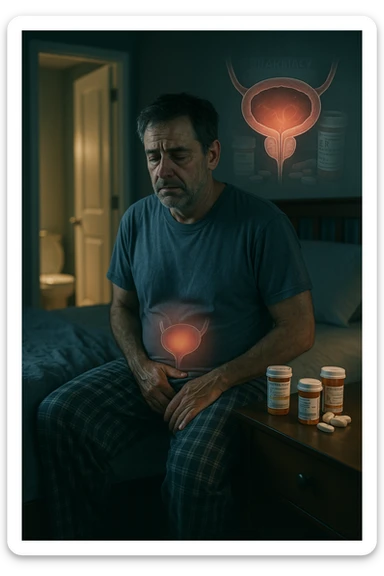 A middle-aged man sits on the edge of his bed in a dimly lit bedroom, looking exhausted and frustrated. On the nightstand beside him are several prescription pill bottles, loosely organized, some open — suggesting long-term medication use. In the background, the bathroom door glows softly, partially open, with a faint reflection of the toilet visible, indicating frequent nighttime trips. The man wears a loose T-shirt and pajama pants, his posture slightly curved as he gently touches his lower abdomen, symbolizing bladder discomfort. His eyes have dark circles, his expression is drained. The color palette is muted blues and greys, with a cinematic soft focus and ambient light highlighting emotional fatigue. A subtle overlay of pill labels and bladder imagery could be added for educational use. sticker