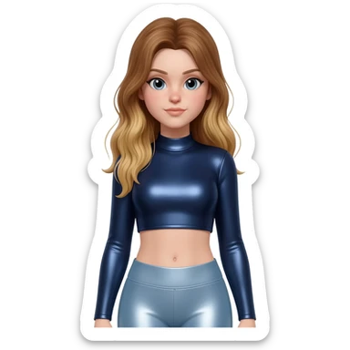 GloomyKassie with long golden brown hair, dark blue metallic crop top, light blue metallic leggings sticker