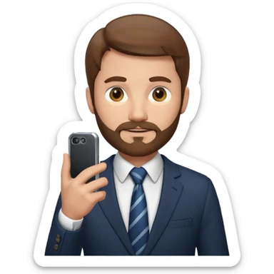 Un hombre con un poco de barba,  de traje con tez clara pelo color castaño, vestido con traje camisa y corbata y celular en mano .  sticker