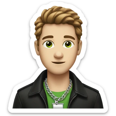 Brown luscious hair for a boy with a black jacket and silver chain across neck, green eyes sticker