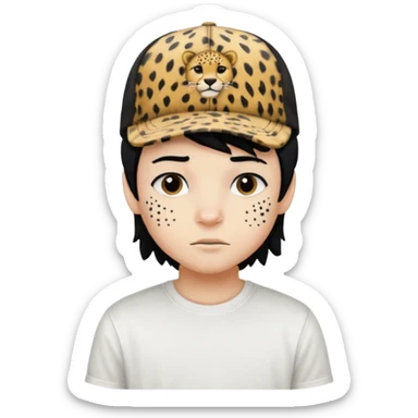 Boy with black hair and a cap that has the phrase #jimmy written on it with cheetah print texture, and white shirt emoji emo sticker