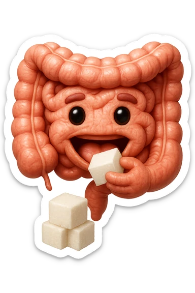 emoji stile iphone di un intestino anatomico che mangia zollette di zucchero, iperrealistico 4k, isolato su sfondo bianco sticker
