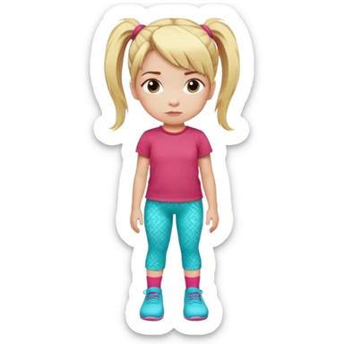 Little girl with blonde hair in ponytail with pink hair tie, wearing red t-shirt and turquoise patterned pants, light socks, serious facial expression sticker