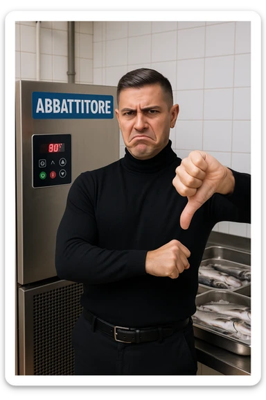a man stands in front of a commercial fish blast freezer (abbattitore), arms crossed and a displeased, skeptical expression on his face. He shakes his head or gives a thumbs down, clearly rejecting the use of the freezer. The background shows a professional kitchen or fish processing area, with trays of fish ready for freezing. in italiano sticker