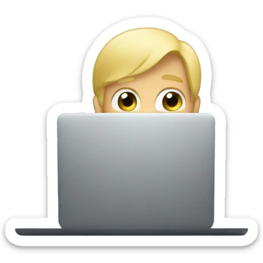 blonde male hiding behind laptop sticker